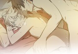 2boys anal asian asian_male ass bed beige_skin blush cum cum_in_ass cumdrip looking_at_viewer male mikleo_(tales) multiple_boys nude penetration pillow sex short_hair sorey_(tales) steam sweat tagme tales_of_(series) tales_of_zestiria tan_skin testicles yaoi zehel_az