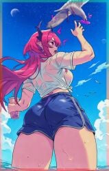 1girls arknights ass beach boba_tea booty_shorts caffichai female pink_eyes red_hair seagull solo surtr_(arknights) thighs wet_clothes