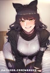 ai_generated all_fours big_ass big_breasts big_butt big_thighs black blake_belladonna blush bow huge_ass huge_butt huge_thighs long_sleeves medium_breasts pantyhose rwby wanuze white_shorts wide_hips yellow_eyes