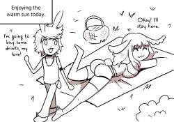 1boy 1girls big_ass big_butt bunny_ears bunny_girl bunny_tail closed_eyes english_text hasselnut laying_down laying_on_stomach legwear original picnic shorts smile sunny_(wolfgang_bang) text text_box thighhighs tommy_(wolfgang_bang) uncolored wolfgang_bang