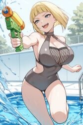 1girls ai_generated big_breasts blonde_hair blunt_bangs bob_cut center_opening cleavage female female_only grin heels hi_res holding_object huge_breasts large_breasts light-skinned_female light_skin looking_at_viewer mature mature_female naruto naruto_(series) naruto_shippuden novowels one-piece_swimsuit open_mouth outdoors pale-skinned_female pale_skin pinup pool poolside pose posing revealing_swimsuit samui short_hair solo solo_focus spread_legs standing swimming_pool swimsuit upper_body voluptuous voluptuous_female water_gun