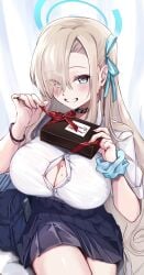 asuna_(blue_archive) babakirika big_breasts blue_archive boob_window button button_gap chocolate looking_at_viewer mole_on_breast school_uniform scrunchie smile solo solo_female valentine's_day