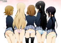 5girls ass azusa_nakano_(k-on!) black_hair blonde_hair blue_panties blush brown_hair butt female female_only green_panties human human_only k-on! legwear lineup long_hair mio_akiyama_(k-on!) multiple_girls panties pantyhose pink_panties ritsu_tainaka_(k-on!) school_uniform short_hair skirt skirt_lift skirt_up socks stockings striped striped_panties take_your_pick thighhighs thighs tied_hair tsumugi_kotobuki_(k-on!) twintails white_panties yui_hirasawa_(k-on!)