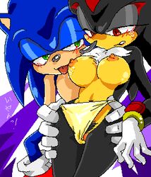 anthro blush breasts clothing female front_view fur hedgehog male manaita nipples rule_63 sega shadow_the_hedgehog sonic_(series) sonic_the_hedgehog straight straight_hair tagme topless