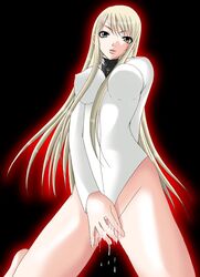 blonde_hair bottomless claymore clothed_masturbation clothing erect_nipples erect_nipples_under_clothes galatea_(claymore) long_hair masturbation medium_breasts pussy_juice silver_eyes