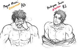 2boys arashiyama_jurota blush breath crazy_eyes disembodied_hand dragon drooling facial_hair facial_tattoo finger_in_mouth kengan_(series) kengan_ashura kengan_omega licking_lips looking_at_viewer male male_only mature_male meguro_masaki monochrome muscular muscular_male off_shoulder open_clothes open_mouth open_shirt sketch smile stubble sweat toffjam tongue_out topless topless_male upper_body