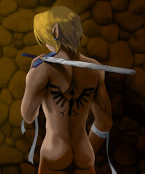 aya_dragonsheart back_view earrings hylian hylian_ears link link_(ocarina_of_time) male male_only naked naked_male ocarina_of_time solo straight_hair tattoo the_legend_of_zelda unseen_male_face