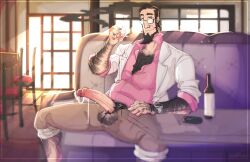 balls beard big_penis boner chest_hair erection facial_hair fully_clothed glasses hairy male male_only oofbeard penis penis_out persona_5 precum sakura_sojiro sojiro_sakura solo solo_male spread_legs