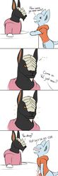 big_ears blush bone bottomless canine clothed clothing comic cute decibel_(himeros) dialogue dragon erection hellhound himerosthegod male male_only mammal orange_eyes red_eyes simple_background smile sweatshirt valigar_(himeros)