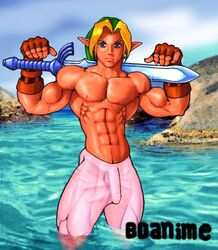 1boy abs armpits bdanime biceps bodybuilder link link_(ocarina_of_time) male male_only muscles muscular muscular_armpits nintendo ocarina_of_time pecs serratus_anterior solo straight_hair the_legend_of_zelda water