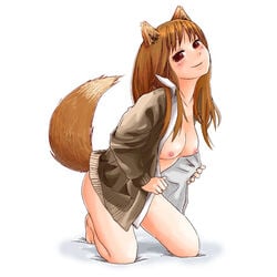 1girls abekawa animal_ears barefoot blush bottomless breasts brown_hair clothing holo open_clothes open_shirt red_eyes shirt small_breasts spice_and_wolf tail undressing wolf_ears