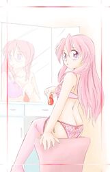 glasses jason_(kaiten_kussaku_kikou) jiei_son lingerie long_hair looking_back lucky_star miyuki_takara panties pink_hair purple_eyes reflection thighhighs underwear