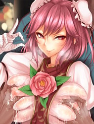 :> bandaged_arm bandages blush colored_eyelashes covered_nipples double_bun female flower groping kasen_ibaraki looking_at_viewer nipples pink_hair puffy_sleeves red_eyes rose see-through shirt suggestive_fluid tabard toto_(toto_casanova) touhou