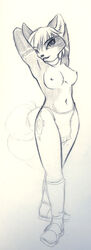 anthro arms_behind_head blue_deer boots breasts clothes female female_only footwear fox front_view fur furry furry_breasts furry_ears hair krystal looking_at_viewer monochrome navel open_eyes pointy_ears short_hair sketch solo standing star_fox topless video_games white_background