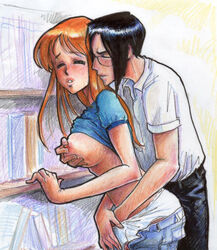 1boy 1girls black_hair bleach blue_shirt bookshelf breasts colored_pencil_(artwork) eyes_closed female fingering fingering_from_behind glasses hand_in_pants hand_on_breast inoue_orihime jeans jeans_down leaning_on_object library long_hair long_red_hair male mouth_open panties pants pants_pulled_down pinching_nipples red_hair red_lips shirt shirt_up straight uryu_ishida white_panties white_shirt