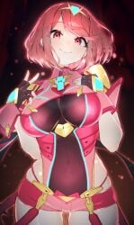 1girls absurdres blush bracer breasts chest_jewel closed_mouth covered_navel female fingernails gem green_gemstone highres large_breasts leotard looking_at_viewer medium_hair pink_nails pyra red_eyes red_hair red_leotard red_shorts rindoriko see-through_clothes see-through_leotard shorts smile solo swept_bangs thighs tiara xenoblade_(series) xenoblade_chronicles_2 yellow_tiara