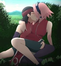 2girls boruto:_naruto_next_generations bushes closed_eyes cuddling female female/female female_only implied_sex incest kissing kneeling mother_and_daughter multiple_girls naruto naruto_(classic) naruto_(series) nature optimystic outdoors sakura_haruno same_age sarada_uchiha sitting sitting_on_floor sitting_on_person straddling time_paradox younger_female yuri