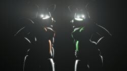 3d 4k animatronic black_eyes bright_pupils dark_lighting disboi215 female fox fox_ears fox_girl fox_tail glowing_eyes green_body green_nipples hand_on_hip highres lipstick lolbit_(fnaf) orange_body orange_nipples purple_lipstick robot sfm shiny_body source_filmmaker tangle_(fnaf) white_body white_eyes