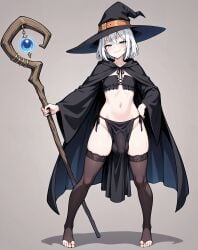 1boy ai_generated blue_eyes bra cloak crossdressing femboy front_view girly hand_on_hip loincloth looking_at_viewer male midriff plain_background smug staff standing thighhighs toe_ring trap white_hair witch witch_hat