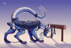 anal_plug ankle_cuffs bondage bound bridle buttplug chains chastity_cage chastity_device claws collar cuff_(restraint) digital_drawing_(artwork) digital_media_(artwork) dragon feet feral furry halter hi_res horn leash male mythological_creature mythological_scalie mythology paws petplay plug_(sex_toy) ponyplay quadruped raised_tail reins restraints roleplay scalie sex_toy silcybell simple_background snaffle solo tail toe_claws wrist_cuffs ws5000