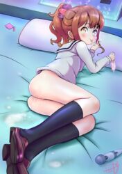 ass bed black_legwear blush bottomless brown_hair closed_mouth clothing condom condom_wrapper eromanga_sensei female hitachi_magic_wand holding holding_condom jinno_megumi kneehighs legs_together long_sleeves looking_at_viewer lying no_panties on_bed on_side pillow ponytail pussy_juice school_uniform sex_toy shirt shoes smile solo tongue tongue_out used_condom vibrator white_shirt