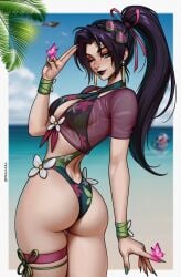 1girls asian_female ass big_ass big_breasts bikini black_lipstick breasts busty cleavage curvy female green_nails highres light-skinned_female light_skin makeup marvel marvel_comics marvel_rivals pinup ponytail prixmal psylocke psylocke_(breezy_butterfly) psylocke_(marvel_rivals) psylocke_(marvel_rivals)_(demon_days) purple_hair purple_hair_female swimsuit thick_thighs x-men