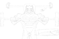bench_press canid canine canis exercise genitals gym hi_res male mammal micropenis mistercheeks monochrome muscular muscular_male penis small_penis solo weightlifting wolf workout