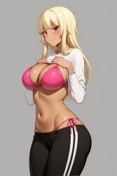 1girl ai-created ai_generated bangs bikini bikini_bottom bikini_under_clothes black_pants blonde_hair blunt_bangs blush bra breasts clavicle cleavage closed_mouth clothes_lift clothing dark-skinned_female dark_skin female female_only gokukoku_no_brynhildr high_resolution highleg large_breasts lifted_by_self long_hair long_sleeves looking_at_viewer midriff navel pants pink_bikini pink_swimsuit portrait red_eyes rena_aikawa_(pixiv_user) shirt shirt_lift side-tie_bikini side-tie_bikini_bottom side-tie_clothing side-tie_swimsuit sidelocks smile solo sportswear standing stomach striptease swimsuit swimsuit_under_clothes tachibana_mina_(gokukoku_no_brynhildr) thighs track_pants underboob underwear white_shirt