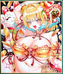bbw blush bombergirl breasts chubby fang fat huge_breasts karasuba_hiiro_(cosplay) maneki_neko mesugaki pencil_(artwork) pine_(bombergirl) smile smug swimsuit traditional_media traditional_media_(artwork) yayomaro