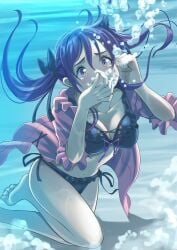 1girl air_bubble asphyxiation bikini black_bikini black_hair breasts bubble cleavage commentary_request commission drowning female frilled_bikini frills hood hooded_jacket hoodie jacket long_hair medium_breasts nikulas_cage nose_pinch original pink_jacket pixiv_commission red_eyes side-tie_bikini_bottom solo swimsuit twintails underwater