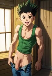 abs ai_generated balls biceps big_balls big_penis black_hair blush brown_eyes foreskin gay gon_freecss gradient_hair green_hair hunter_x_hunter looking_at_viewer male male_only muscular muscular_male open_mouth pants_down smile spiky_hair tank_top toned_body toned_male twall97 uncut