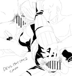 1girls 2boys black_and_white blowjob braid braided_hair braided_ponytail capcom censored clothed clothed_female clothed_female_nude_male clothed_sex crotch_cutout crotchless cyrano devil_may_cry devil_may_cry_2 exposed_pussy faceless_male fellatio female female_focus female_pubic_hair fingerless_gloves fully_clothed fully_clothed_female gloves hair_over_one_eye hand_on_head leg_up long_hair lucia_(devil_may_cry) male mmf_threesome no_panties nude nude_male one_eye_covered one_eye_obstructed oral oral_sex penis penis_in_pussy pubes pubic_hair pussy pussy_hair sloppy sloppy_blowjob spoon_position spooning threesome vagina vaginal_penetration vaginal_sex