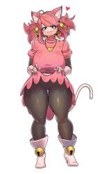1girls bells big_breasts black_armwear black_legwear blue_eyes cat_ears cat_tail catgirl heart_locket js4935 mad_mew_mew pink_dress pink_hair skirt skirt_lift solo thick_thighs trans_woman transfem undertale white_boots white_gloves