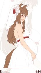 1girls animal_ears animal_tail artist_name blush blushing_female breasts brown_hair brown_hair_female closed_eyes clothed clothed_female cute_fang dress female female_only flower flower_in_hair flowers flowers_in_hair happy happy_female highres holding_belly holo kemono kemonomimi likunea long_hair long_hair_female medium_breasts open_mouth pregnant pregnant_belly pregnant_female sfw side_view sole_female spice_and_wolf tagme tail wedding_dress wedding_ring wolf_ears wolf_girl wolf_tail