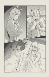 2girls agnes_tachyon_(umamusume) animal_ears aunt_and_niece female female_only fit_female gold_ship_(umamusume) panels sideboob towel towel_only tyronestash umamusume yuri