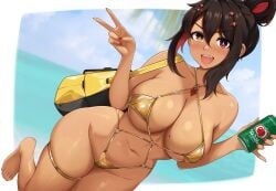 absurdres bag bikini blush breasts can cleavage dark-skinned_female dark_skin diamond-shaped_pupils diamond_(shape) drink_can female gold_bikini groin hair_between_eyes hair_bun heterochromia highres large_breasts looking_at_viewer medium_hair mole mole_on_breast multicolored_hair nail_polish navel ocean oerba_yun_fang open_mouth orange_eyes original scrapy shoulder_bag skindentation smile soda_can solo standing standing_on_one_leg stomach streaked_hair swimsuit symbol-shaped_pupils tan teeth thigh_strap tsumugi_kelissa_(scrapy) upper_teeth v yellow_eyes