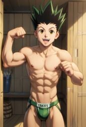 abs ai_generated ass back biceps black_hair blush brown_eyes gay gon_freecss gradient_hair green_hair hunter_x_hunter jockstrap jockstrap_only looking_at_viewer looking_back male male_only muscular muscular_male nipples nude_male open_mouth pecs smile spiky_hair toned_body toned_male twall97