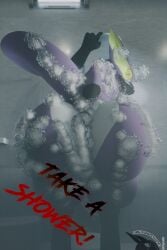 2:3 absurd_res ass bathing big_butt blender_(artwork) blender_cycles butt_focus capcom cugaculoproductions digital_media_(artwork) flying_wyvern hi_res looking_at_viewer male monster_hunter nargacuga shower shower_head shower_room showering soap_bubbles soapy solo suds