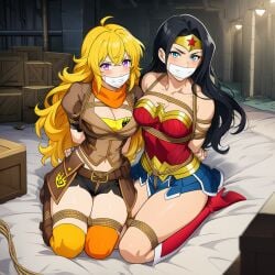 2girls ai_generated arms_tied_behind_back black_hair blonde_hair blue_eyes blush bondage bound_ankles bound_legs crossover dc_comics female gag gagged looking_at_viewer purple_eyes rwby sitting_on_ground tape_gag wonder_woman yang_xiao_long