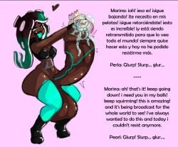 balls big_penis bodily_fluids cephalopod cock_vore cum cum_drip dark_body dark_skin dialogue dripping duo english_text erection female futanari genital_fluids genitals huge_cock humanoid hyper hyper_genitalia hyper_penis inkling intersex intersex/female marina_(splatoon) marine mollusk nintendo octarian octoling pearl_(splatoon) penile penis same_size_vore spanish_text splatoon text tongue tongue_out voraciouscake vore