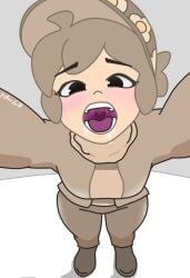 black_eyes brown_hair cardigan cum_in_mouth deltarune looking_at_viewer looking_up mouth_shot open_mouth real_person scarf temmie_chang white_background yellowfaith youtube youtuber