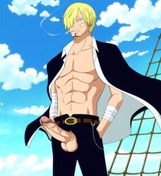 1boy abs balls blonde_hair cock_edit cock_piece drawthread_request edit edited erection gay genitals male male_only muscle one_piece outdoors penis phausto retracted_foreskin screencap screenshot screenshot_edit sky solo uncut vinsmoke_sanji yaoi