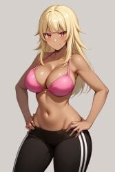 1girl ai-created ai_generated bangs bare_arms bare_shoulders bikini black_pants blonde_hair blush bra breasts clavicle cleavage closed_mouth clothing dark-skinned_female dark_skin eyebrows female female_only gokukoku_no_brynhildr hand_on_hip hands_on_hips hands_on_own_hips high_resolution large_breasts long_hair looking_at_viewer midriff navel pants pink_bikini pink_swimsuit portrait red_eyes rena_aikawa_(pixiv_user) smile solo sports_bra sportswear standing stomach striptease swimsuit tachibana_mina_(gokukoku_no_brynhildr) thighs track_pants underwear v-shaped_eyebrows