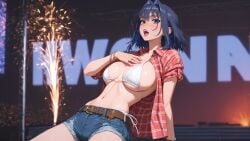 1girls ai_generated bikini bikini_top blue_eyes blue_hair booty_shorts breasts denim_shorts female hand_on_chest hololive hololive_english hololive_english_-council- hololive_english_-promise- huge_breasts light-skinned_female light_skin linea_alba lipstick looking_at_viewer open_mouth open_shirt ouro_kronii outdoors plaid_skirt pm_me_reine short_hair short_shorts shorts skindentation string_bikini thick_thighs thighs virtual_youtuber