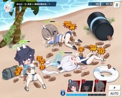 3girls absurdres all_fours animal_ears ass barrel beach bikini black_bikini black_hair black_hat blue_archive blue_bikini blue_halo blue_one-piece_swimsuit blue_shirt blush breast_sucking breast_sucking_through_clothes breasts brown_hair casual_one-piece_swimsuit chibi closed_eyes cunnilingus fake_animal_ears fake_screenshot female frilled_one-piece_swimsuit frills gameplay_mechanics green_halo group group_sex halo hat highres innertube insectophilia leech long_hair lying miyako_(blue_archive) miyako_(swimsuit)_(blue_archive) miyu_(blue_archive) moaning moe_(blue_archive) multiple_girls off-shoulder_one-piece_swimsuit off_shoulder on_back one-piece_swimsuit one_breast_out open_mouth oral outdoors palm_tree ponytail rabbit_ears saki_(blue_archive) sandals sfry0323 shirt short_hair sitting spread_legs swim_ring swimsuit thighs top-down_bottom-up tree trembling twintails white_hair zoophilia