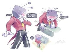 blush boner breathing_heavily bulge bulge_through_clothing cock couch cum cum_on_furniture deltarune deltarune_chapter_3 dick drool drool_string drooling english english_dialogue english_text humping male penis shiny_pants solo solo_male suit suit_and_tie sweat sweating sweaty tenna_(deltarune) tie