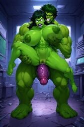 1boy 1girls abs ai_generated ass bed bedroom big_breasts black_hair breasts closed_eyes cousins female green-skinned_female green-skinned_male green_eyes green_hair green_skin hulk hulk_(series) incest indoors long_hair male male/male marvel muscular muscular_female muscular_male naked naked_female naked_male nude nude_female nude_male she-hulk spread_legs thighs