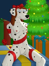 anna_(kinaj) anthro bound breasts canine canine christmas christmas_tree dalmatian ear_piercing female gift holidays kinaj makeup mammal necktie nipples nude piercing pussy ribbons tree