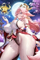 1girls ai_generated erect_nipples genshin_impact huge_breasts looking_at_viewer pink_hair pussy_juice_drip sexy thick_thighs voluptuous wet wet_pussy yae_miko