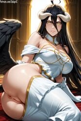 1girls ai_generated albedo_(overlord) angry anus ass big_breasts black_hair bottomless female female female_only horns long_hair looking_at_viewer no_panties on_side overlord_(maruyama) patreon pussy salupai solo solo_female thick_ass thick_thighs uncensored watermark wings yellow_eyes